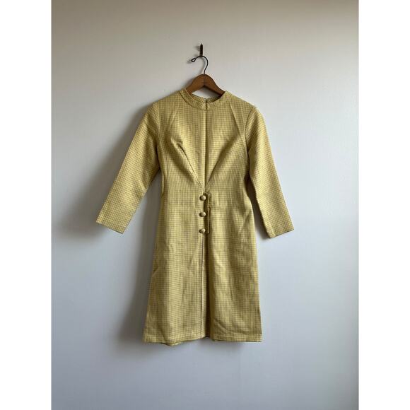 Vintage 60s Yellow Micro Plaid Dress | Mad Men Sheath Tweed Knit | Size S/M - Picture 10 of 10